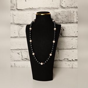 Black Hematite-Style Bead Necklace w/ Ivory Faux Pearls, Classic 24"